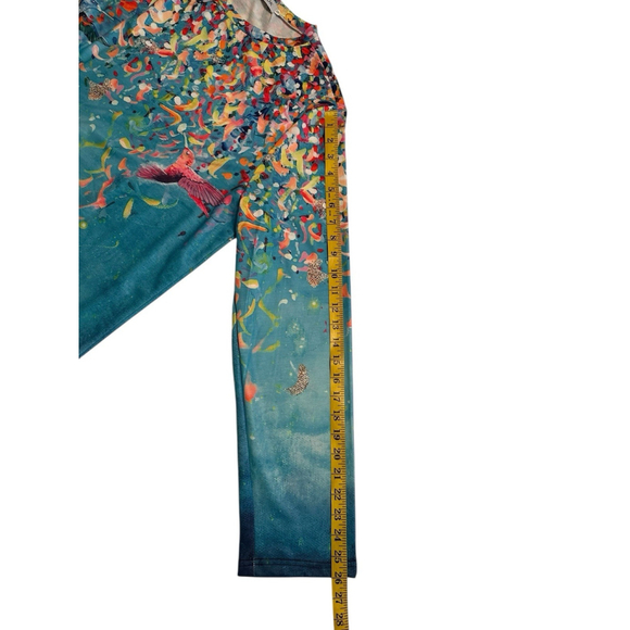 Misslook Hippie Party Tee Shirt Tunic Blouse Womens XL Blue Hummingbird Confetti - Picture 13 of 16